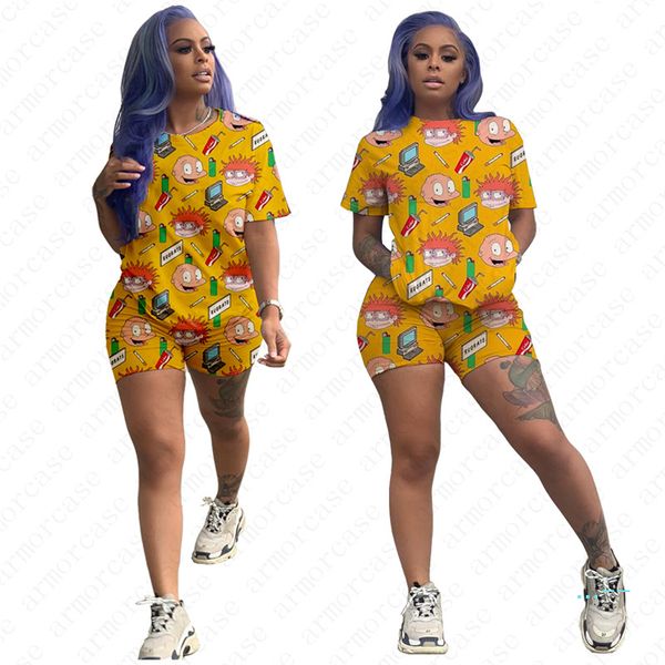 

2020 women fashion design tracksuit summer shorts outfits cartoon print t-shirt + shorts pants sportswear two piece jogging sets d5703, White