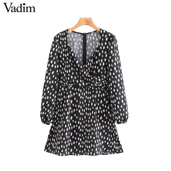 

vadim женщины шик точка печати мини-платье v шеи длинный рукав назад молния ретро-женщин вскользь платья vestidos qd245, Black;pink