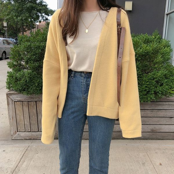 

women coat solid color knit short cardigan long sleeve casual sweet loose sweater, White