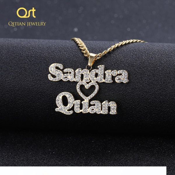 

персонализированной пользовательских iced out double имя ожерелье love heart choker толстой цепь ожерелье почерк nameplate пар ювелирные изд, Silver