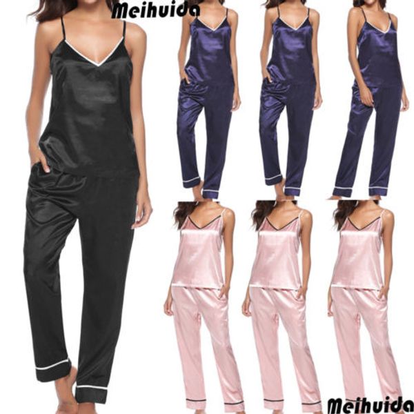 

women silk satin pajamas set sleepwear loungewear sleeveless long pants s-xl nightwear homewear 2pcs, Blue;gray