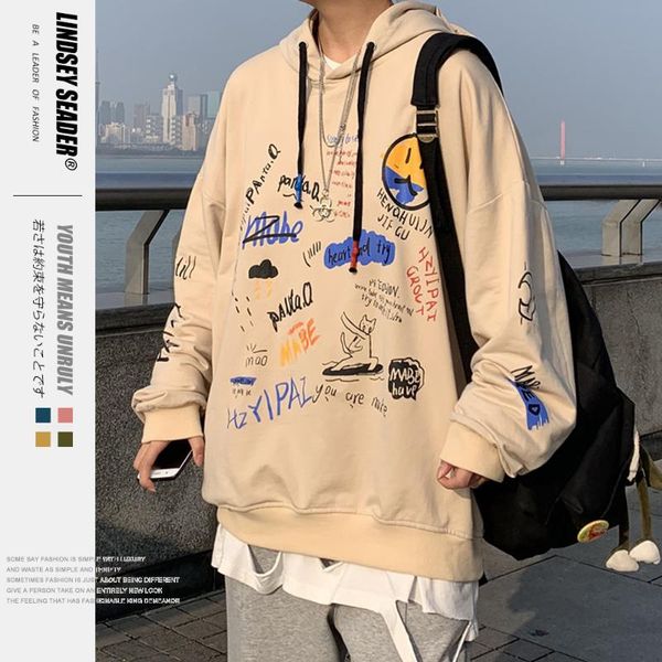 

lindsey seader 2020 harajuku graffiti hoodie sweatshirt men hip hop pullover streetwear hipster autumn fashion loose hoodie, Black