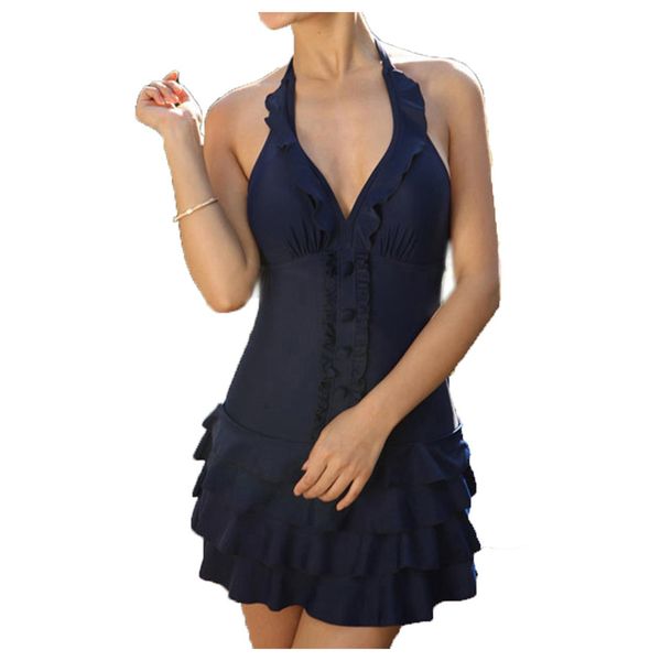 

women's halter shaping body one-piece swimsuit plus size swimwear navy blue/red