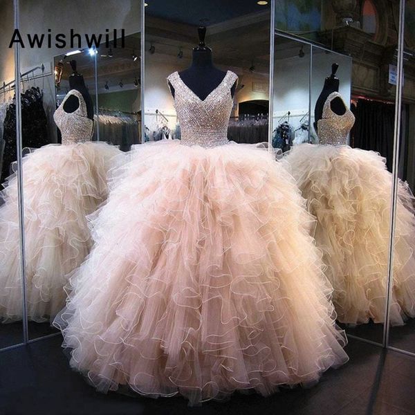 

gorgeous ball gown prom dress long cap sleeve crystal beaded ruffles tulle party formal gown floor length gala dress real p, White;black