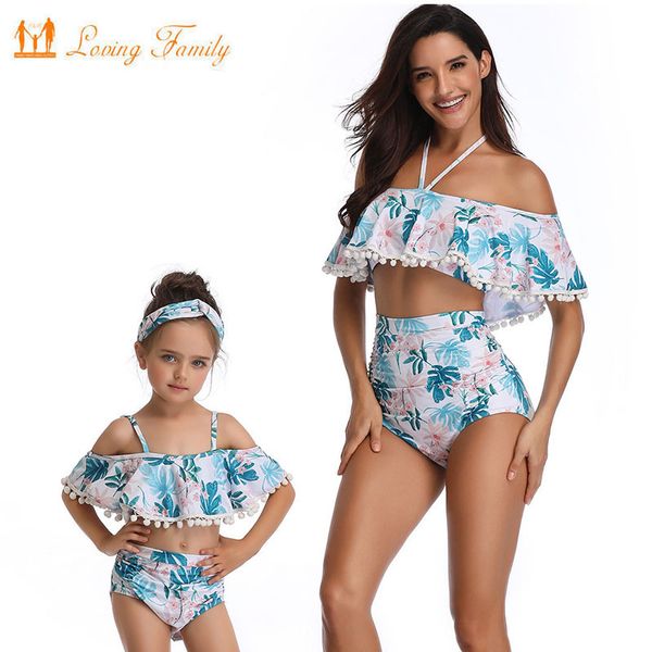 

mother daughter swimwear 2019 summer family swimsuit matching outfits mommy clothes mom bikini high waist bikinis, Blue