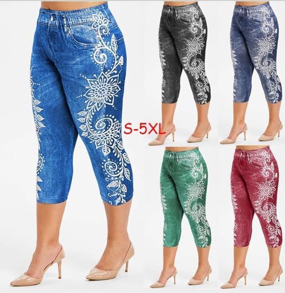 

clothing womens designer skinney jeans digital print hip lifting elastic high waist leggings fashion slim female, Blue
