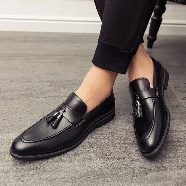 

m-anxiu men shoes fashion leather doug casual flat tassels slip-on driver dress loafers pointed toe moccasin wedding shoes, Black