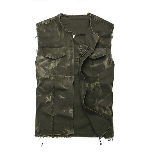 

mens slim denim vest army printed ripped sleeveless jackets male casual waistcoat, Black;white