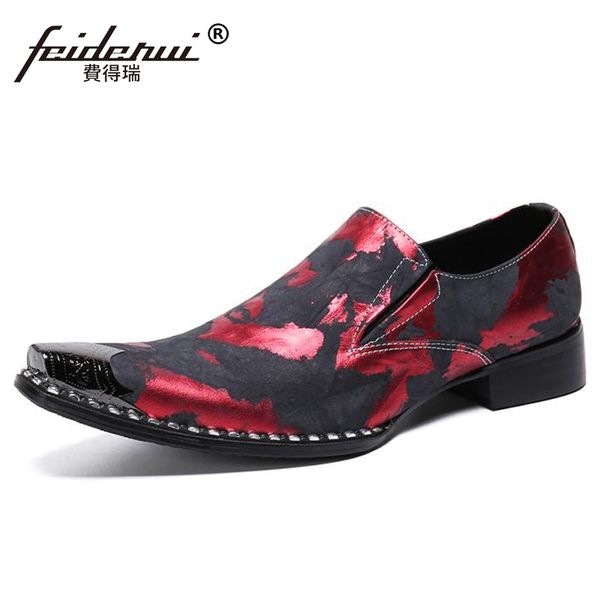 

plus size metal pointed toe slip on man heels punk shoes genuine leather rocker loafers handmade men's casual flats sl826, Black