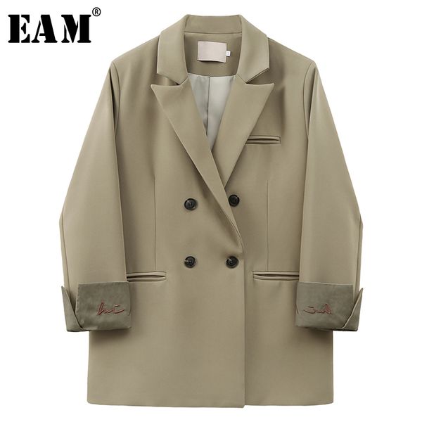 

eam] women khakid double breasted leisure blazer new lapel long sleeve loose fit jacket fashion tide spring autumn 2020 1x173, White;black