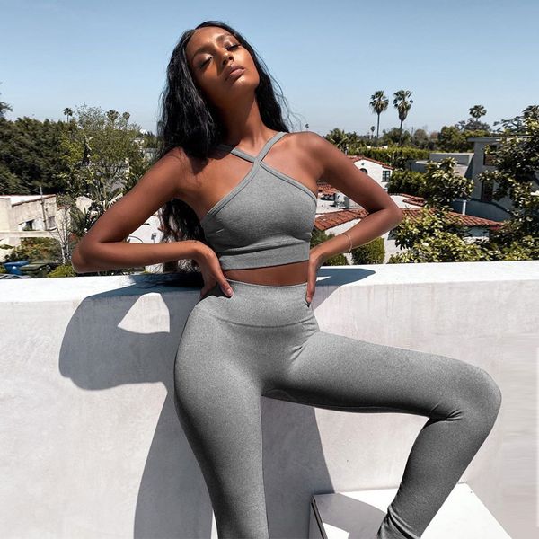 

yoga outfits summer sport set women two 2 piece gray crop bra vest leggings sportsuit workout outfit polyester gym sets, White;red