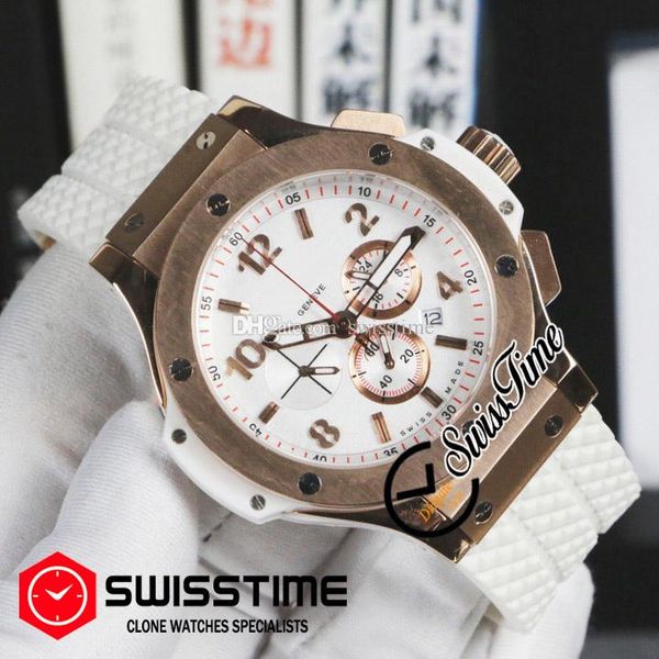 

sale miyota vk quartz chronograph mens watch rose gold white dial 3d gold number markers white rubber watches satch swisstime hubg46b2, Slivery;brown