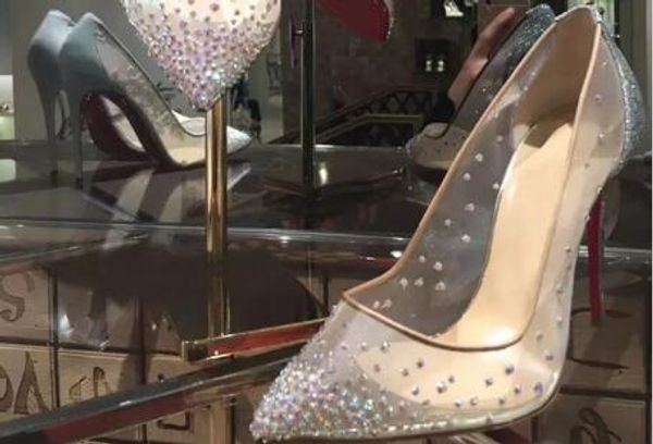 

2019 new spring summer elegant styles women shoes rhinestone high heels crystals pointed toe mesh pumps woman red sole wedding shoes, Black