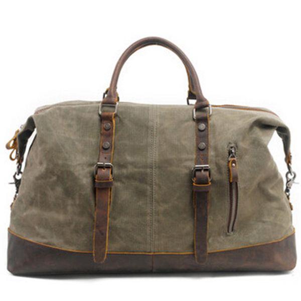

vintage canvas leather men's travel bag carry-on bag men's large-capacity handbag green