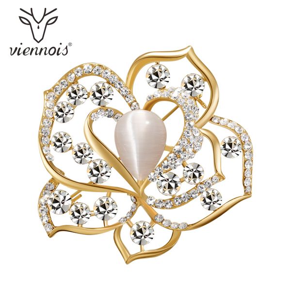 

viennois flower brooch pins new fashion jewelry gold color faux cat eyes's stone for women, Gray