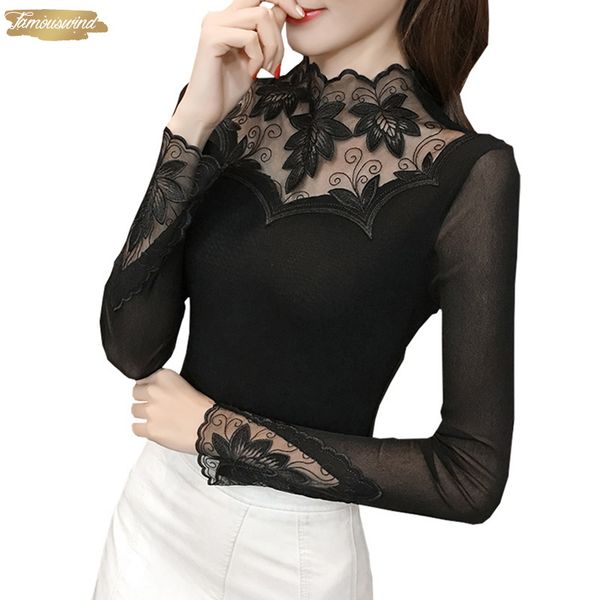 

lace embroidery blouse shirt long sleeve autumn shirts new mesh women blouses elastic basic fashion woman clothes, White