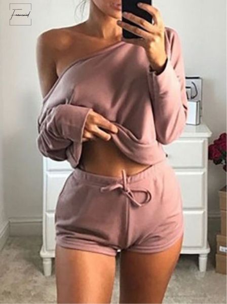 

pieces two off shoulder slash neck casual long sleeve t shirt crop high waist lace short romper fashion trousers, Gray