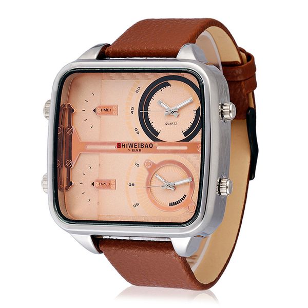 

shiweibao men gentlemen double movement personality quartz wristwatch fashion casual leather strap waterproof male watches, Slivery;brown