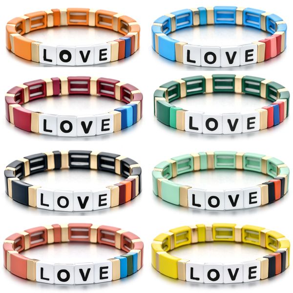 

letter love bohemia ins handmade charm enamel rainbow tile bracelet women colorful painted metal bracelets wholesale jewelry, Black