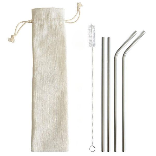 

1 set reusable drinking straw stainless steel straight bend straw with cleaner brush cloth bag kitchen bar accessories