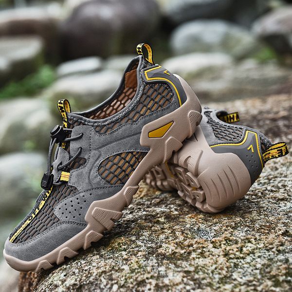 

summer air mesh + genuine leather water sandals waterproof men outdoor breathable aqua shoes men outdoor sandals plus size, Black