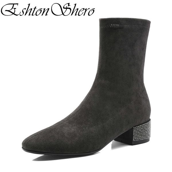 

eshtonshero shoes woman ankle boots flock+pu new arrivals square med heel ladies motorcycle work boots size 34-39, Black