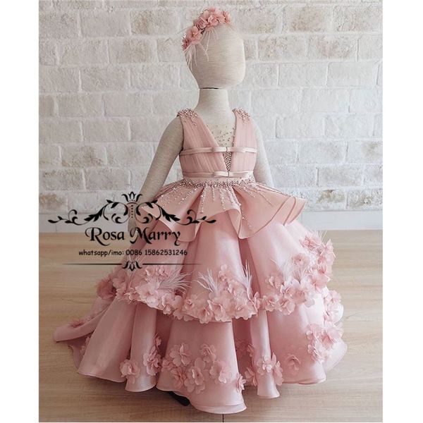 

princess pink feather girls pageant dresses 2020 ball gown crystals beaded 3d floral girls birthday prom party gowns for toddler, Red;yellow