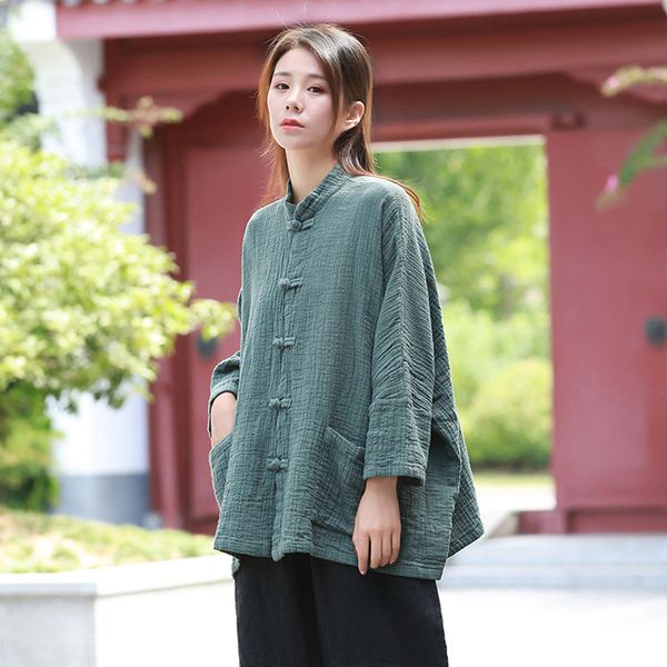 

johnature women cotton linen shirts stand vintage blouses solid color 2020 autumn new plus size women cloths quality shirts, White