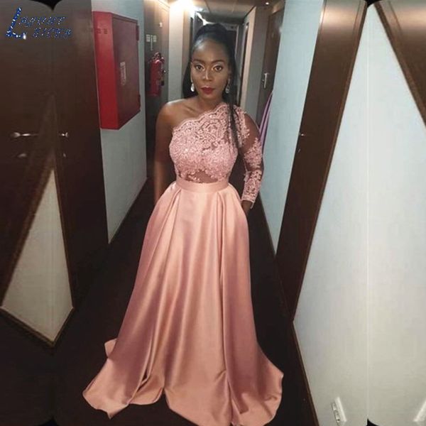 

one shoulder long sleeve prom dresses pink lace satin a line sequined floor length 2020 american miss girls evening party gowns, Black