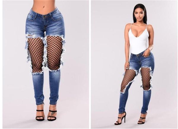 

fishnet distressed jeans summer skinny jeans woman high waist capri denim trousers women 2018 streetwear, Blue