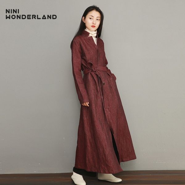 

nini wonderland 2019 spring autumn slim trench coat women solid color fashion long coats female linen cotton outwear with belt, Tan;black