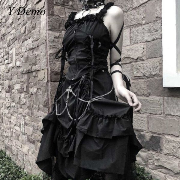 

gothic lace up women spaghetti strap dress ruffles alternative waist girdle sleeveless dress, Black;gray