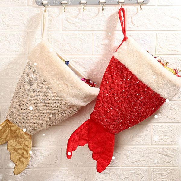 

christmas stocking with hanging rope fishtail shape unique christmas gift bag portable candy bag(large size