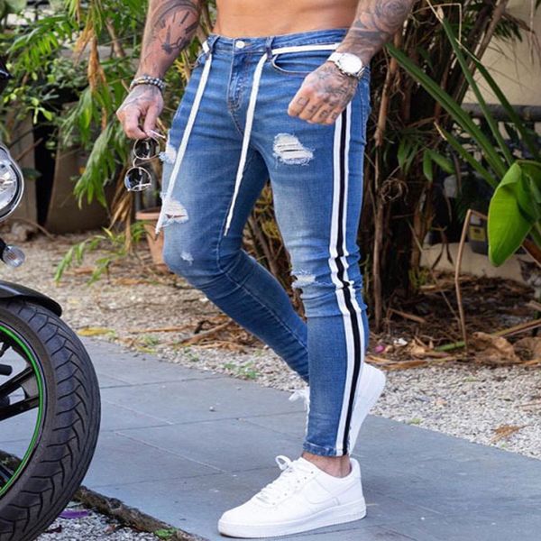 

qnpqyx trendy men skinny jeans engine destroyed frayed fit denim ripped denim pants side stripe pencil pants hip hop streetwear dropshipping, Blue