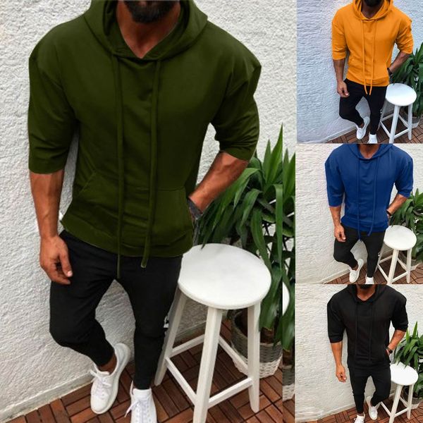 

sweatshirt men splicing button pullover seven point sleeve hooded casual loose sweatshirts blouse hoodies for male sale, Black