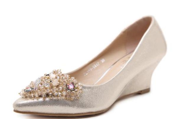 

2019 women's shoes in spring and autumn with new style slope heel pointed end water drill sequined cloth@128, Black