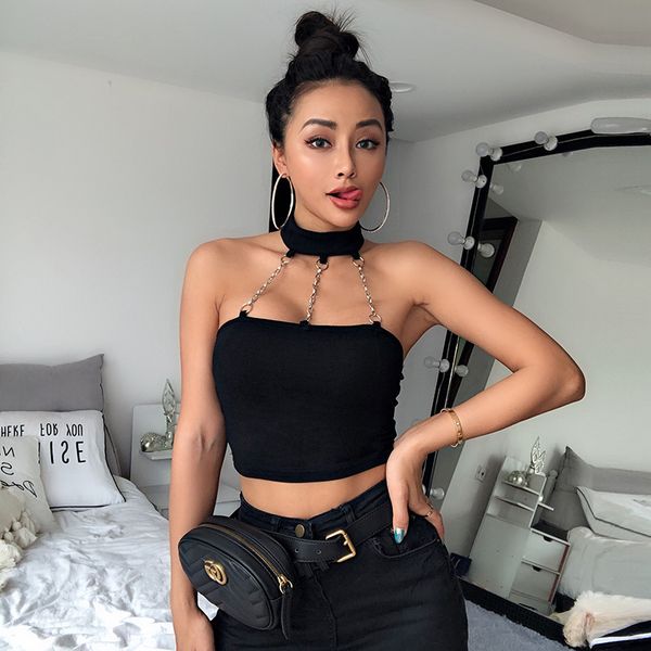 

2019 an gothic black women cropped halter strapless tank cami cotton chain camisole summer hallaween costume stree, White
