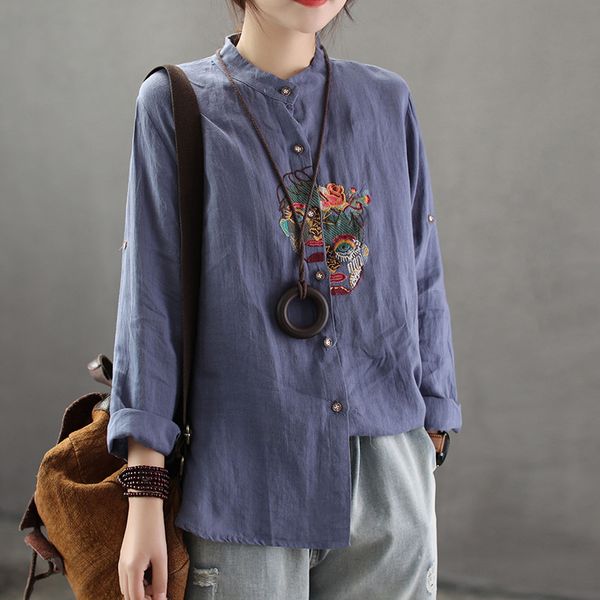 

embroidery shirts cotton linen blouses for women vintage spring long sleeve clothing chinese style 2019 new shirt, White