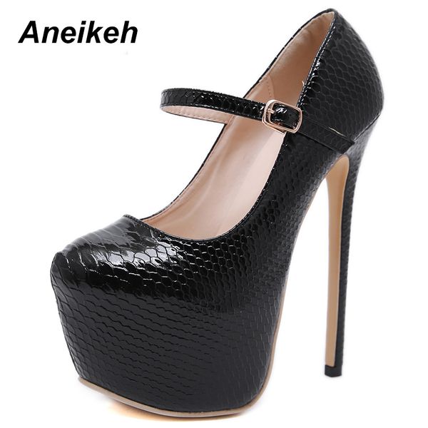 

aneikeh 2019 fashion pu pumps women round toe shallow slip-on buckle strap women thin high heels party office black platform 40