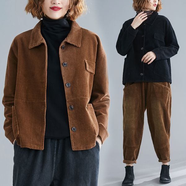 

women autumn and winter fashion brand korea style vintage solid color corduroy short jacket coat female casual loose jacket coat, Black;brown