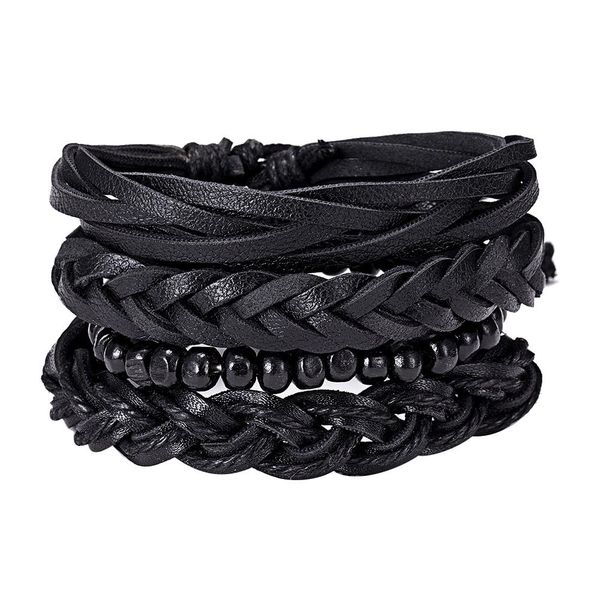 

4pcs/set vintage men mixed style braided faux leather beaded bracelet bangle new, Black