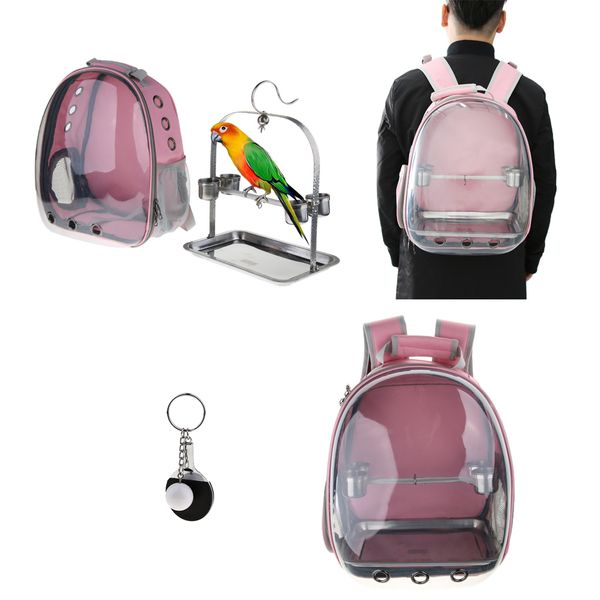 

clear cover parrot bird carrier backpack w/ perch, feeder, pendant pink