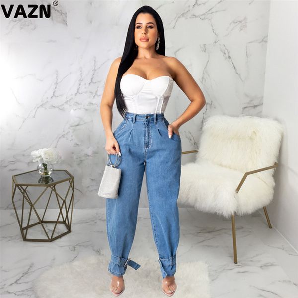 

vazn new product fashion women blue color jean pants soild print long pants club loose