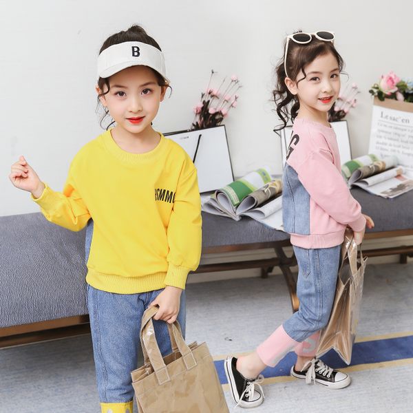 

girls clothes children clothing sets patchwork denim sweatshirt + pants outfits 2019 kids boutique teen spring autumn fall, White