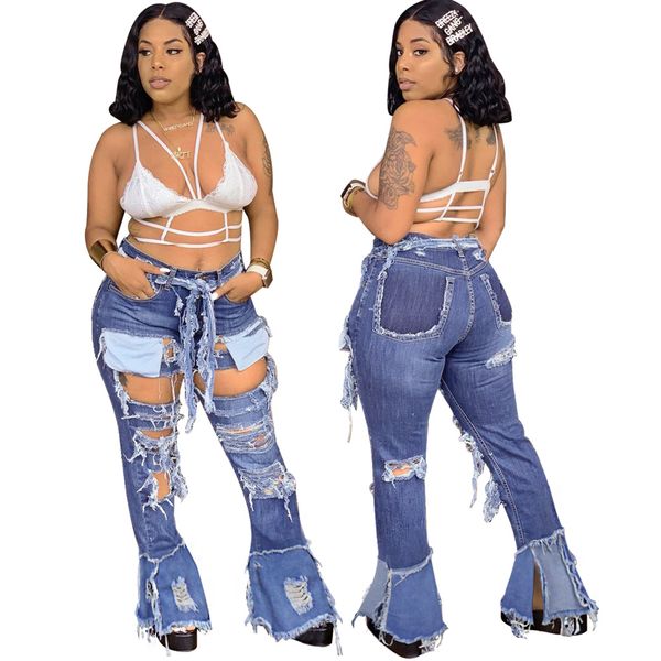 

fashion ladies denim pants womens skinny destroyed ripped big hole long denim micro bell bottoms flare jeans pants, Blue