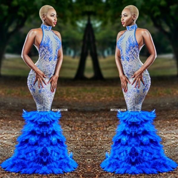 

royal blue high neck mermaid prom dresses african plus size evening gown black girl formal party dress