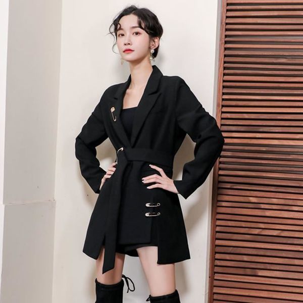 

split black blazer fashion new winter elegant single breast pocket bandage full sleeve minority casual coat dmy1855, White;black
