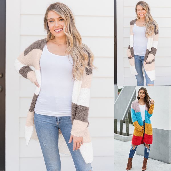 

ins womens winter new pocket sweater european and american long cardigan long sleeves multi-color stitching knitted cardigan 270047sale, White;black