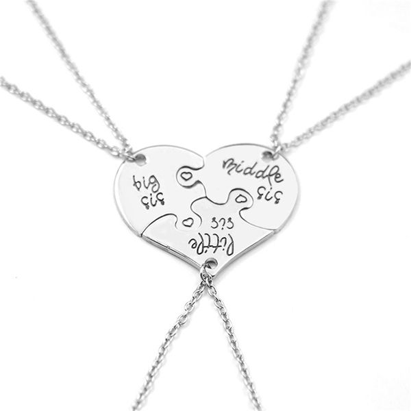 

necklace for women broken heart pendant necklace puzzle little middle big sister letter famly chain gift, Silver