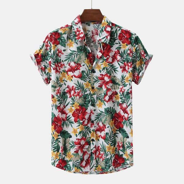 

men's casual shirts fashion shirt men summer hawaii red flowers printed turn down collar short sleeve holiday camisas para hombre, White;black